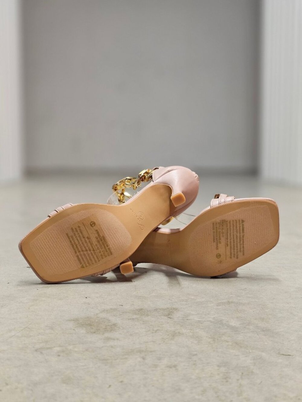 Blush Pink High Heel Sandals With Gold Chain Ankle Strap Square Toe Back Zipper - Picture 10 of 12
